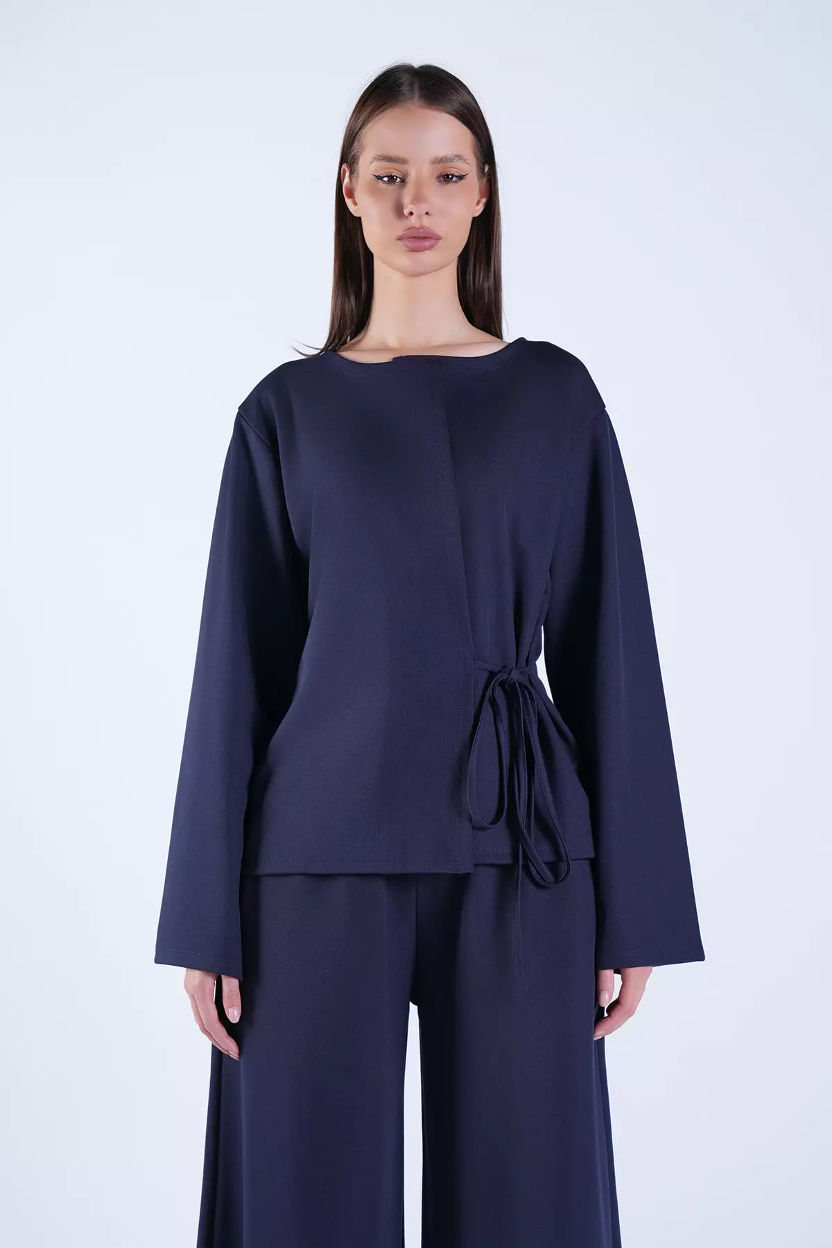 Women'S Navy Blue Crew Neck Knitted Jacket With Tie Detail And Double Pocket Trousers Set Alc-X15050