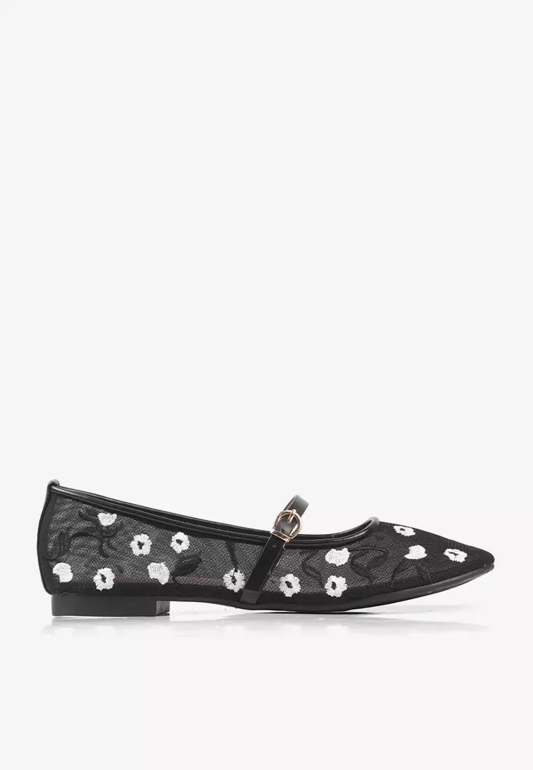 Eloise Mary Jane Mesh Flat Shoes Embroidery Flower Ballerina Black