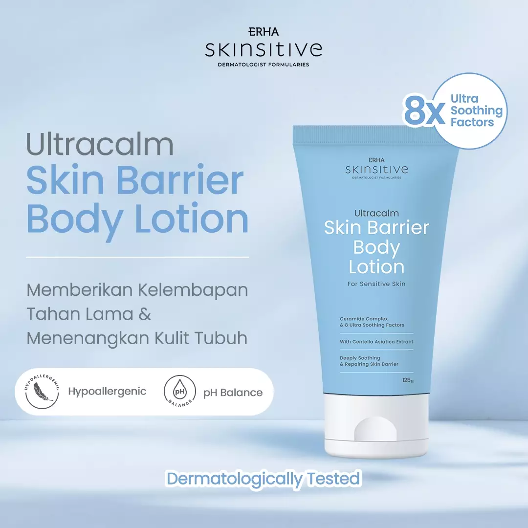 ERHA Skinsitive Ultracalm Body Lotion 125g | Pelembap Kulit Semua Jenis Kulit (Normal, Kering, Sensitif) | Gentle, No Fragrance, No Alcohol | Kulit Sangat Kering, Eksim, Ibu Hamil Menyusui, Anak Usia 3 | Skin Barrier Kuat dengan Ceramide, Calming Agent