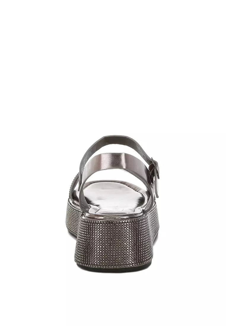Rhinestone Embellished Flatform Sandals in Pewter