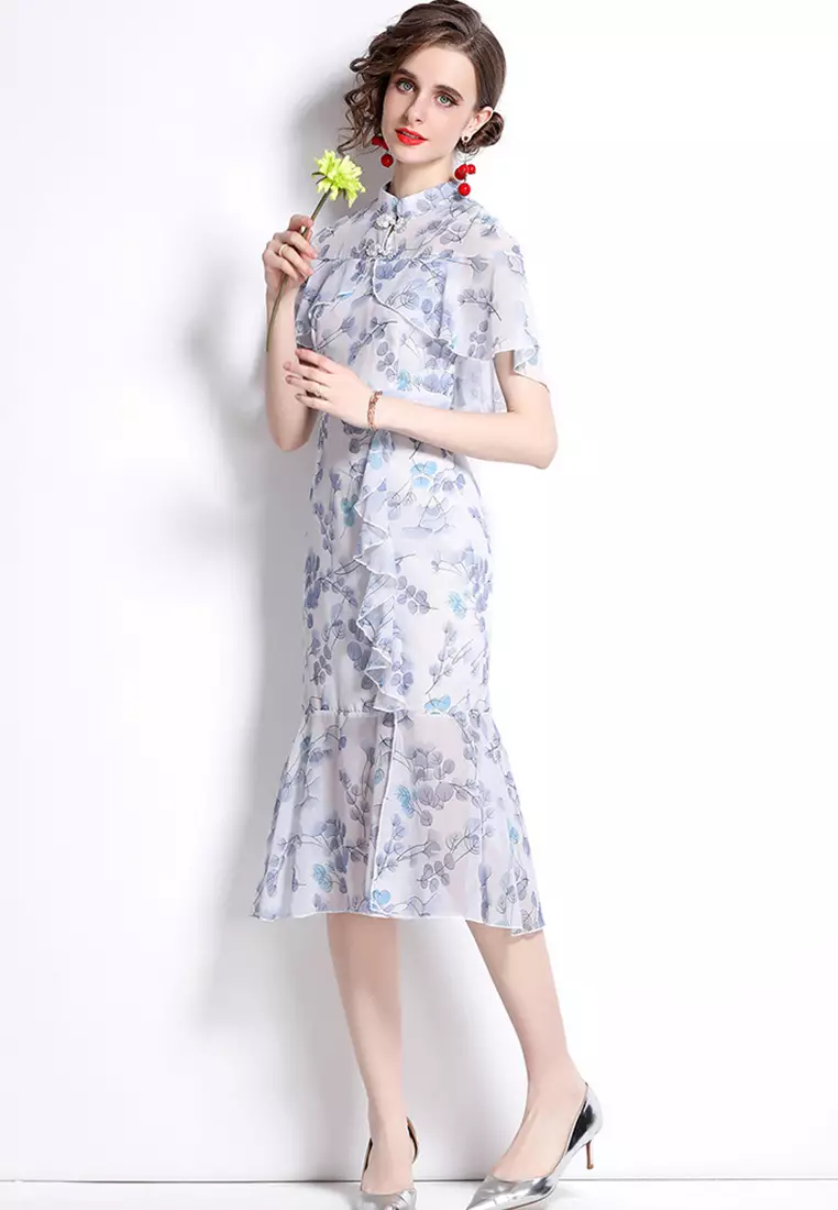 Chinese Cheongsam Style Exquisite Flower Lotus Collar One-piece Dress A22102506