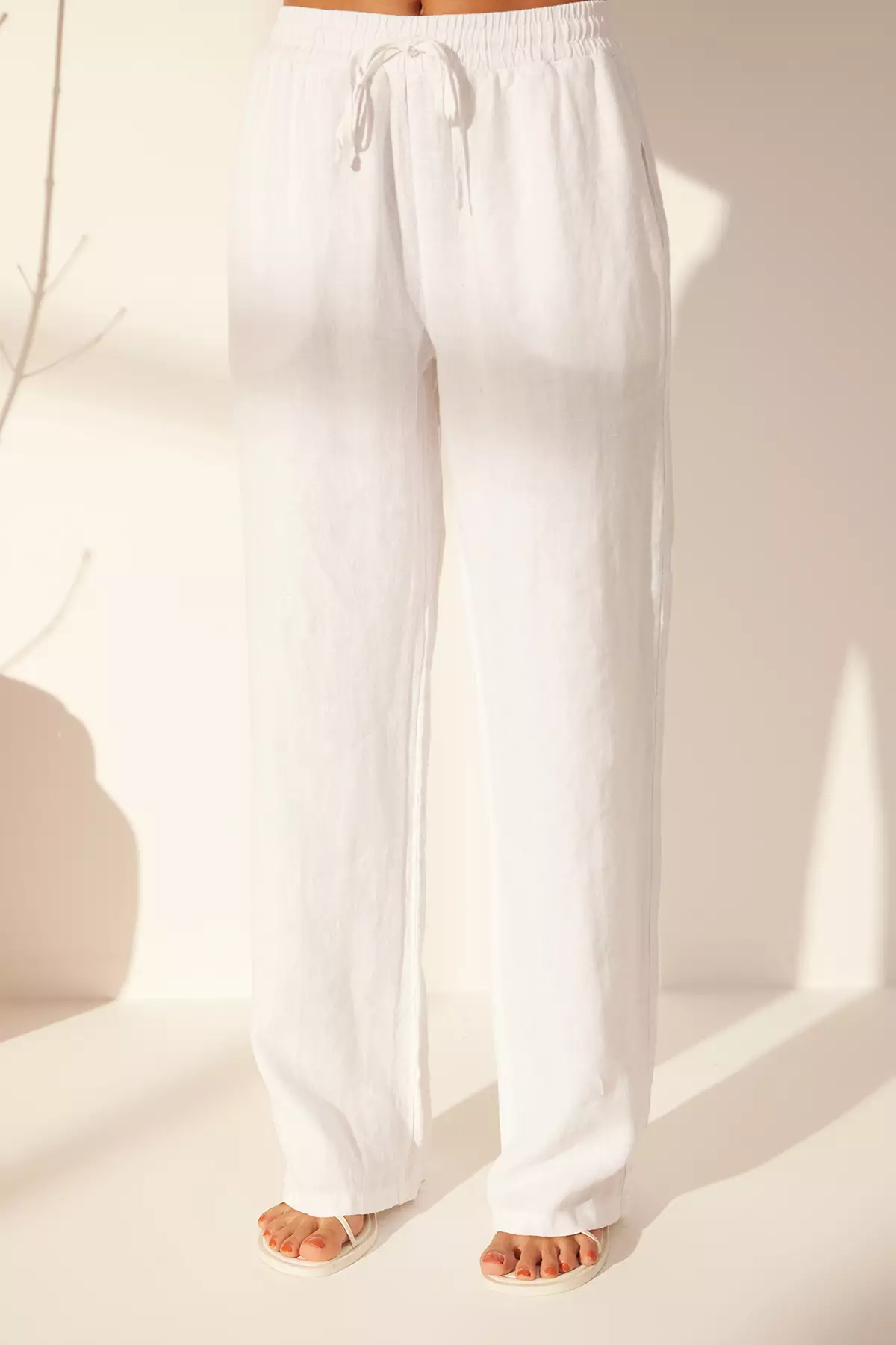 White Elastic Waist High Waist Wide Leg Trousers