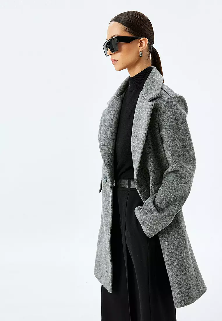 Long Cashmere Coat with Flap and Double Pocket Detail