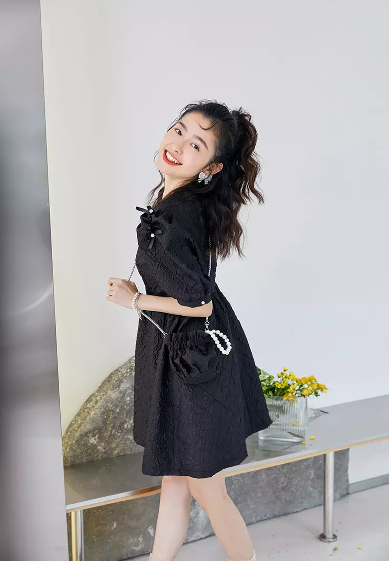 Square Neck Embossed Babydoll Dress