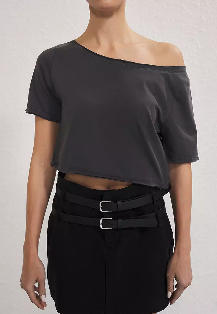 Anthracite-Burgundy 2'S Package 100% Cotton Asymmetrical Boat Neck Crop Knit T-Shirt Twoss25Ts00194