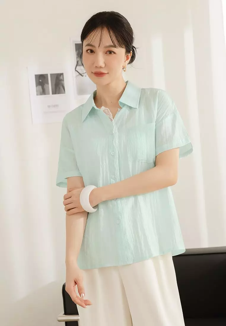 微透膚紋理蕾絲滾邊襯衫上衣《AB20540》