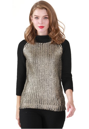 London Rag black Black Wide Turtle Neck Metallic Print Knit Sweater E1E5BAAC6704A4GS_1
