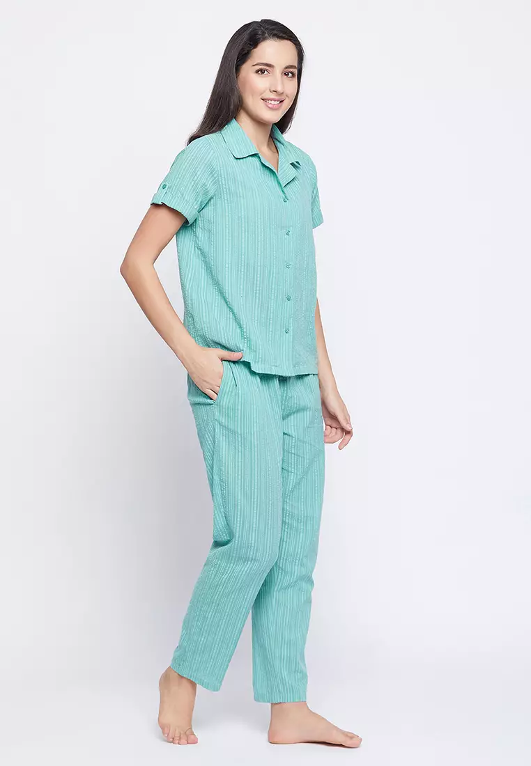 Clovia Sassy Stripes Button Down Shirt & Pyjama in Cyan Blue - Cotton