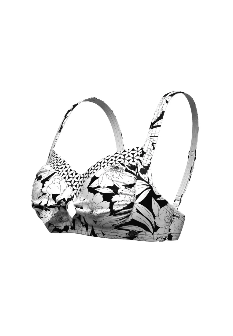 Bold Bloom Black Plus Cup Tie Front Bikini Top