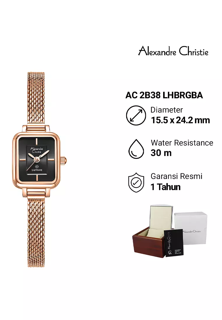 Alexandre Christie Sapphire Glass Jam Tangan Analog Wanita Black Dial Mesh Stainless Steel Band - 2B38LHBRGBA