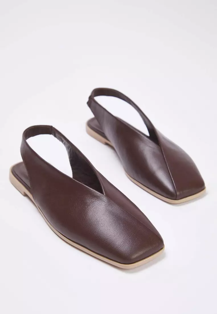 Dark Brown Genuine Leather Open Back Square Toe Women'S Ballerinas Takss25Be00018