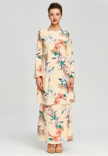 Summer Air Blooming Flowers Kurung from Era Maya in white and pink and yellow and green and multi and Beige