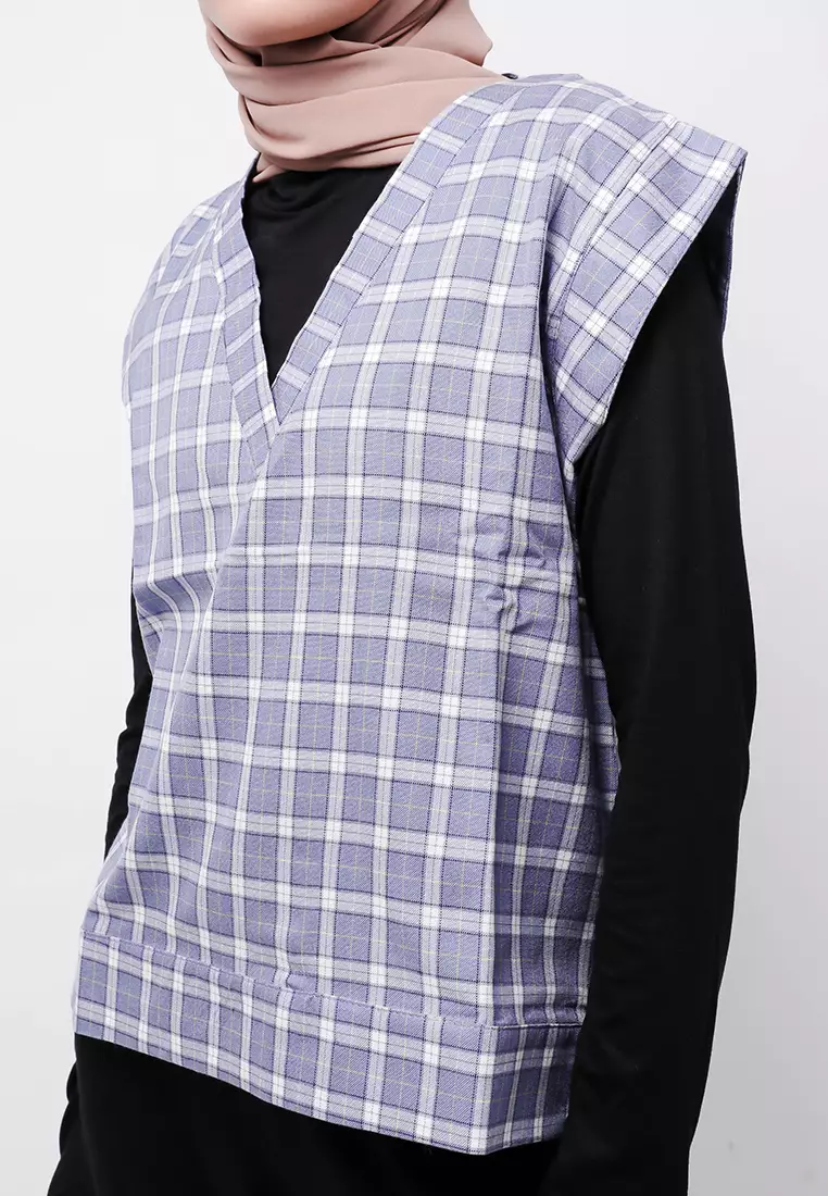 Nade Japan FTA76 Rompi Outer Wanita Vest Lucu Flanel Tartan Abu Putih Kuning