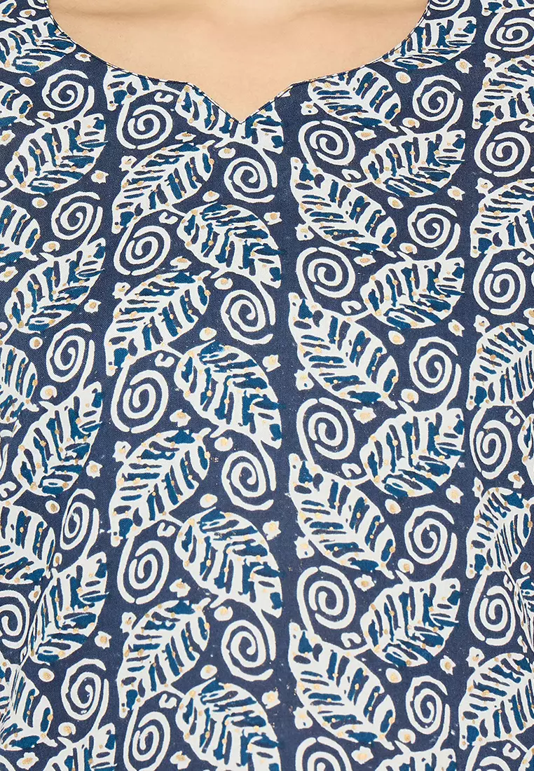 Clovia Leaf Print Top & Pyjama Set in Navy - Rayon