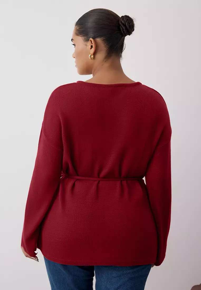 Burgundy Boat Neck Waist Belted Slim Knitwear Sweater Tbbaw26An00036