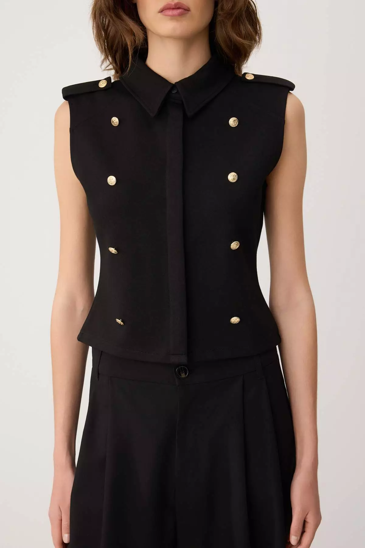 Black Fitted/Slim Fit Shirt Collar Buttons Buttoned Scuba Crepe Knitted Vest Twoss26Ye56