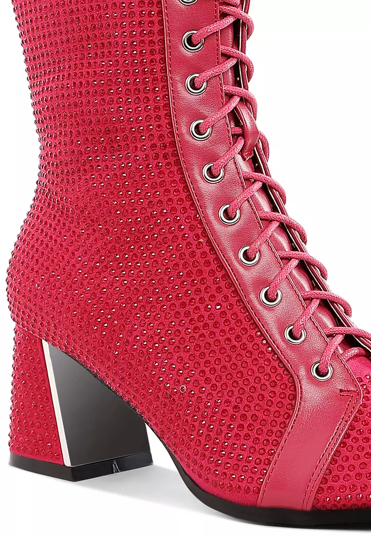 Rhinestone Embellished Ankle Boots In Fushia