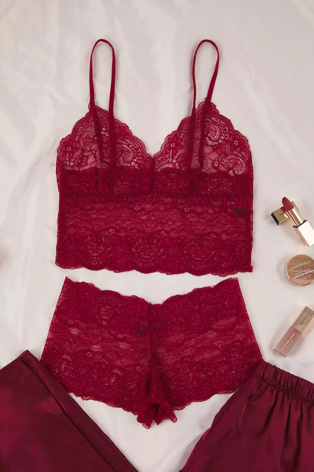 Burgundy 3-Piece Dowry Set Lace Top, Satin Bottom Suspender Panty Woven Pajama Set