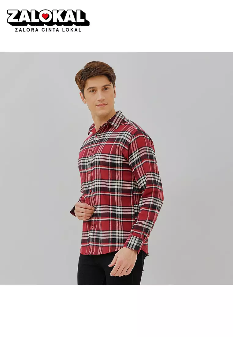 PAULMAY Kemeja Flanel Pria Lengan Panjang Merah 6713