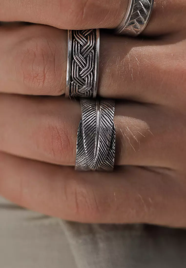 Men's Silver Oxidised Feather Band Ring