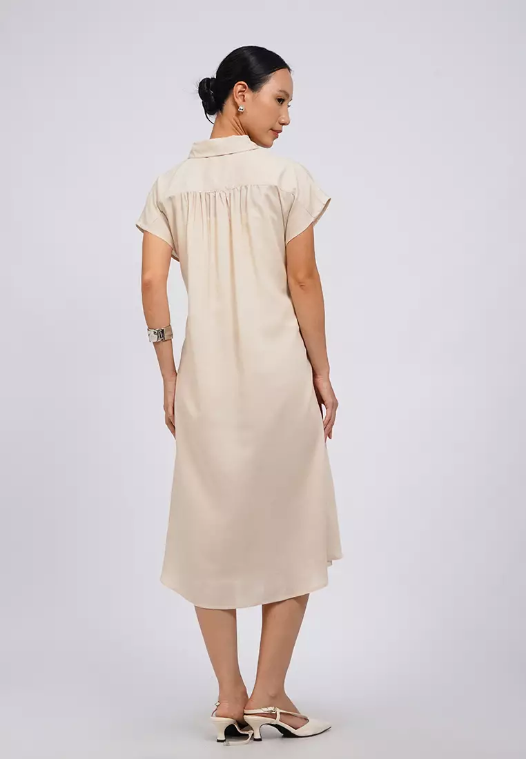 V-Neck Belted Midi Dress ECRU