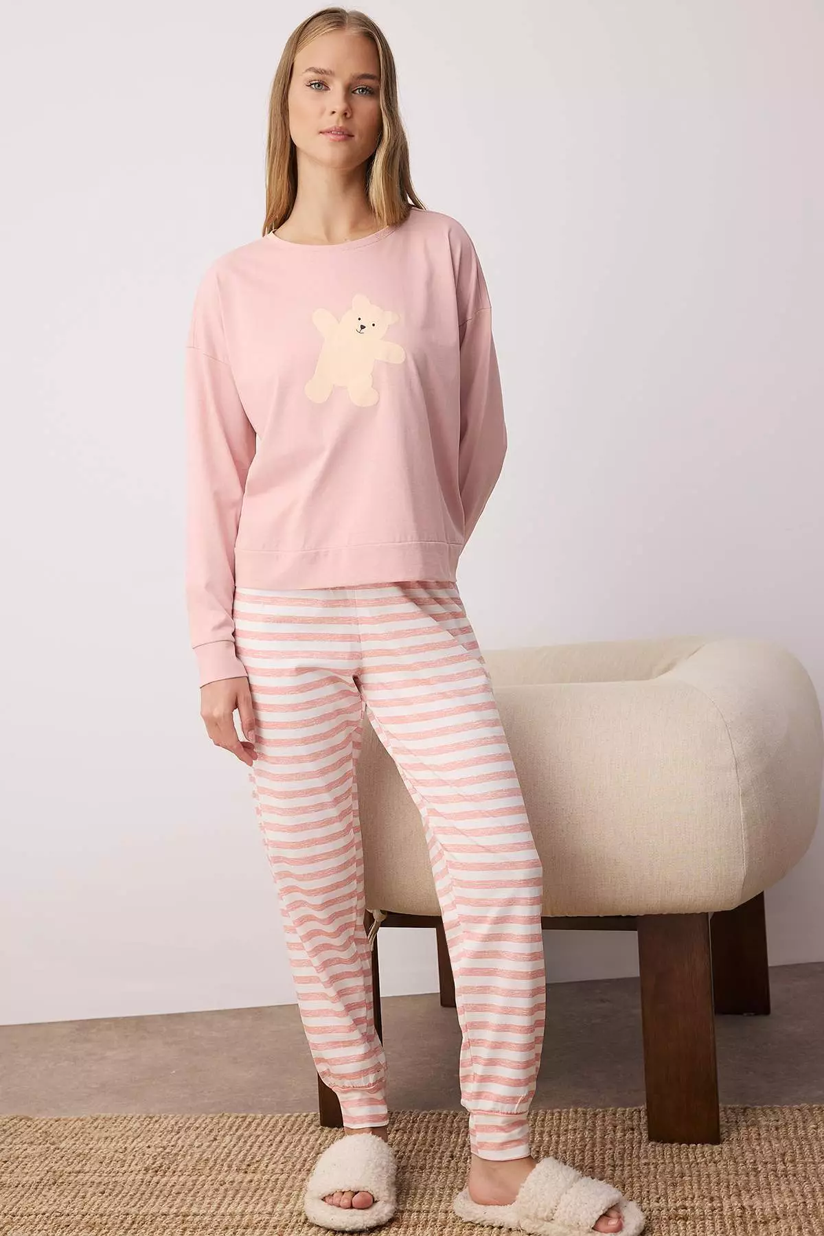 Pink 100% Cotton Teddy Bear Knitted Pajama Set Thmaw21Pt0302