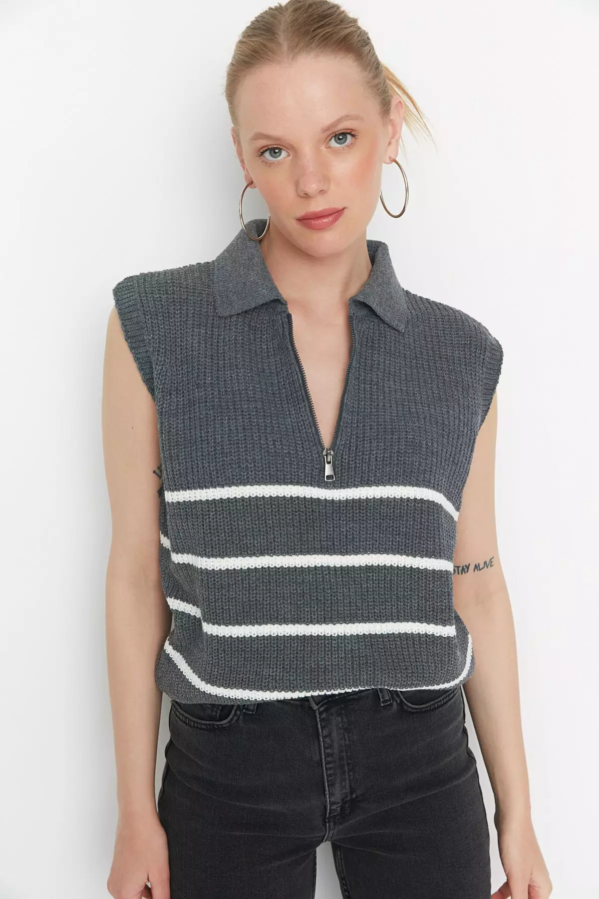 Anthracite Zippered Striped Polo Neck Sweater Twoaw23Sv7