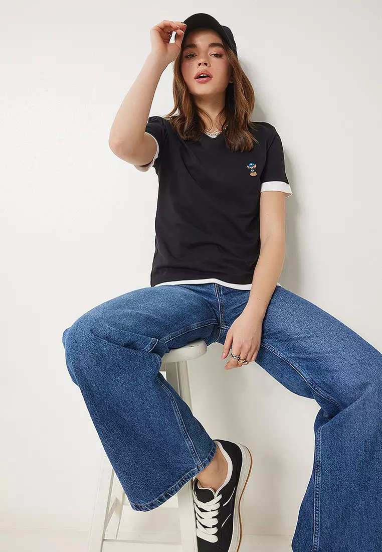 Teddy Bear Embroidered Cotton Knit T-Shirt