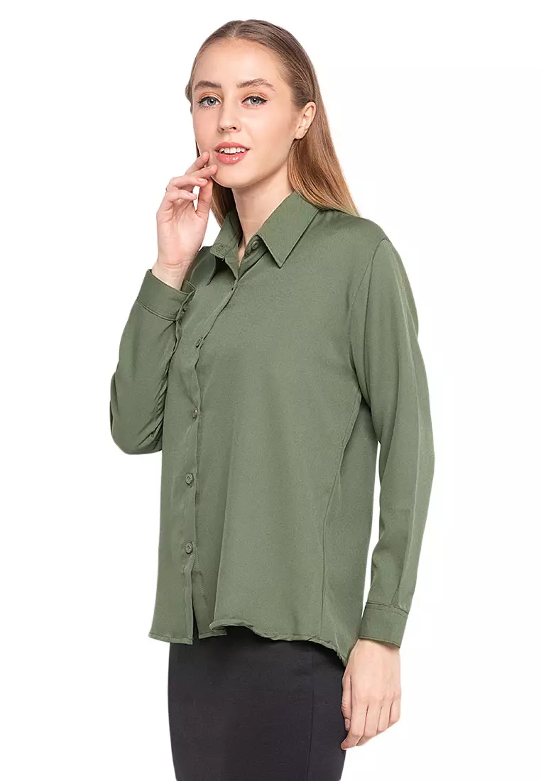PrettyLArmyOriel Kemeja Atasan Lengan Panjang Shirt Wanita Design Basic Polos Regular Fit - Army