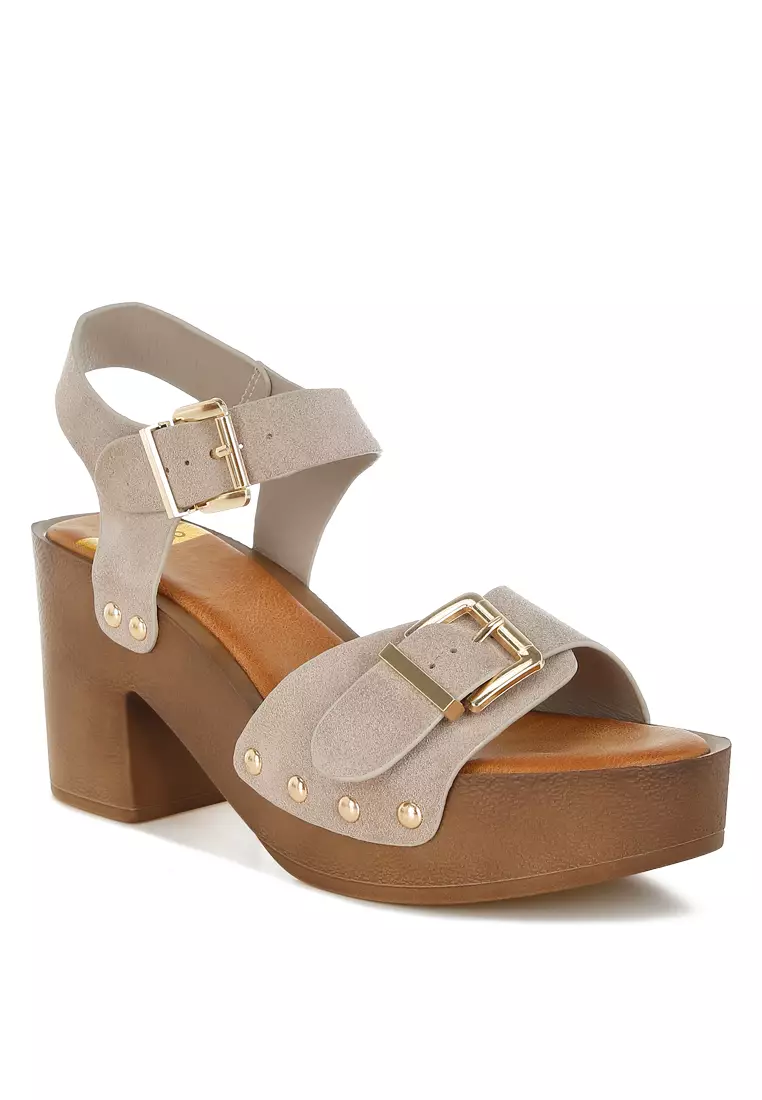 Real Suede Leather Clog Sandals In Beige