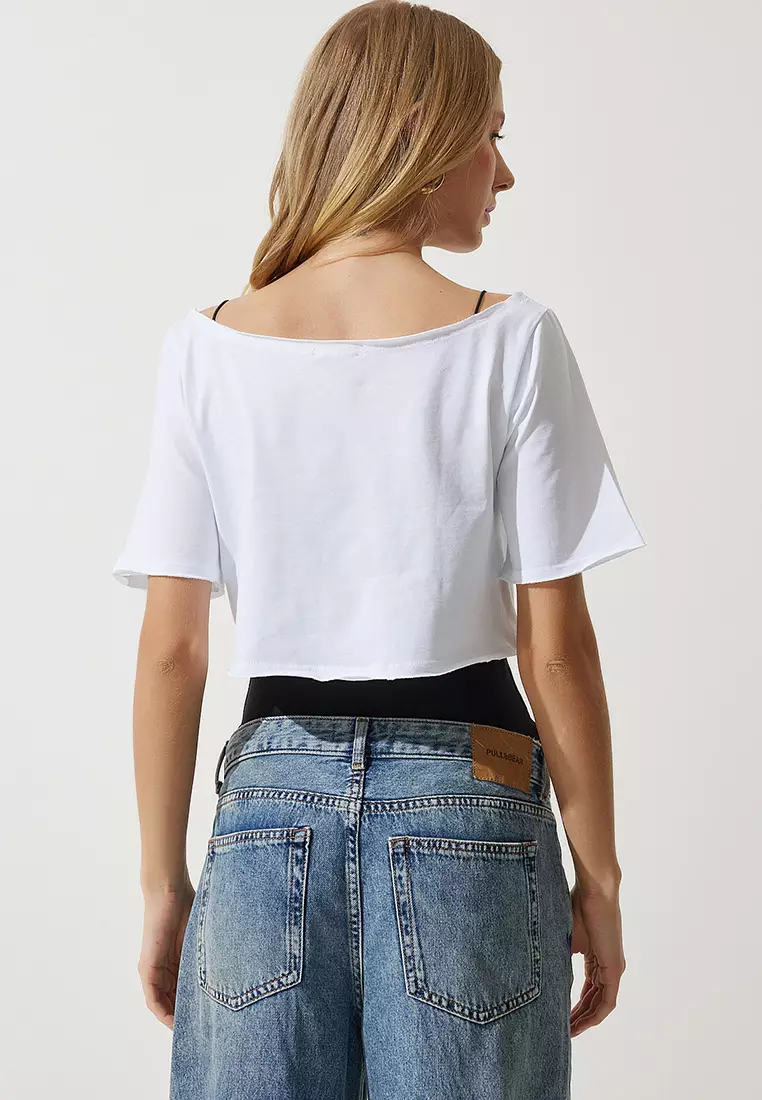 Women's White Black Boat Neck Basic Crop 2 Piece Pack Knitted T-Shirt Ow00036
