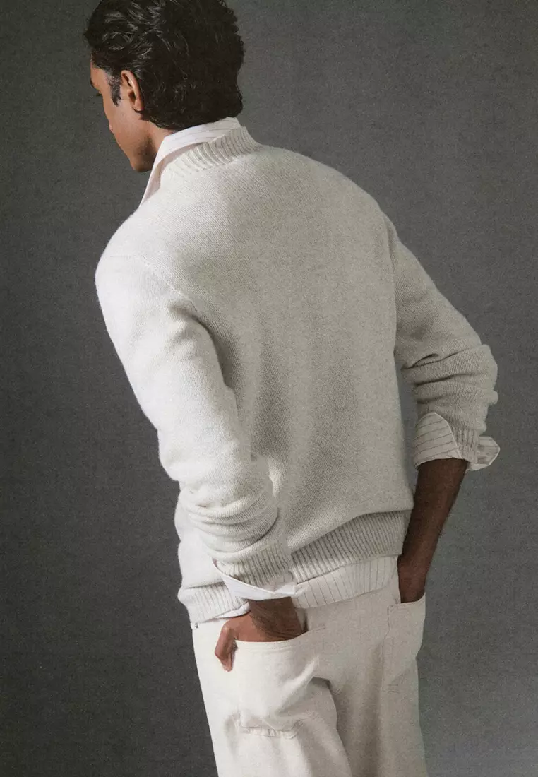 Ribbed-Neck Wool-Blend Sweater