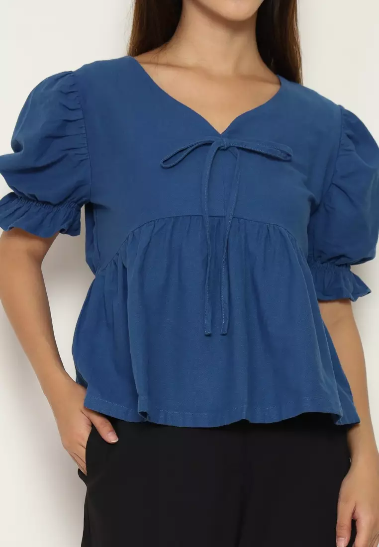 Urban Exchange Ziva Blue Blouse - Atasan Blouse Puff Sleeves Warna Blue