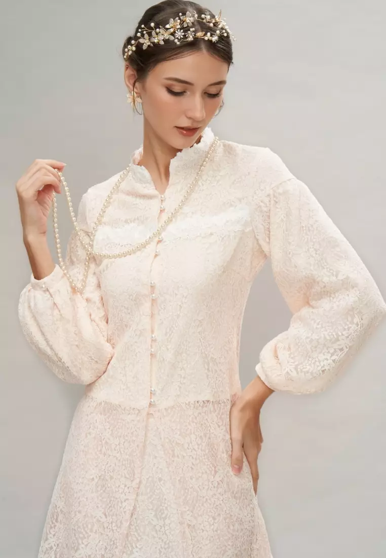 Victoria High Neck Intricate Lace Modern Top & Maxi Lace Skirt Hari Raya