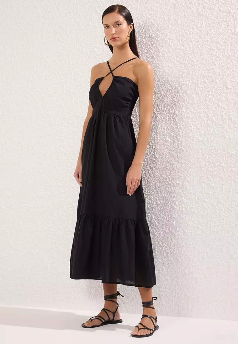 Black Woven 100% Cotton Beach Dress Tbess25El00110