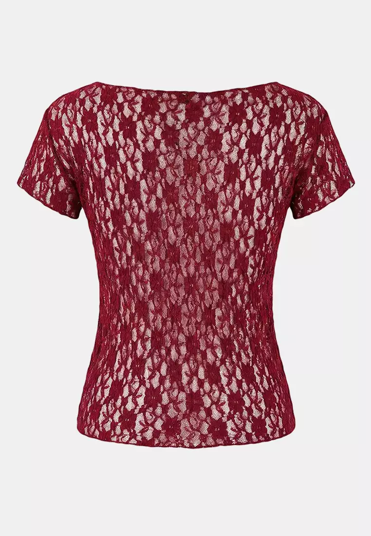 Burgundy Fitted/Bodycon Boat Neck Short Sleeve Lace Knitted Blouse Twoss26Bz185