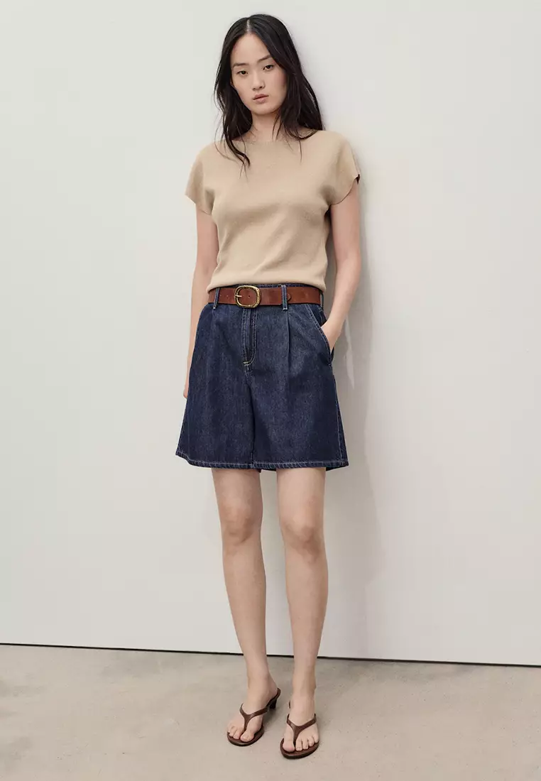 Mid-Rise Denim Bermuda Shorts With Pleats