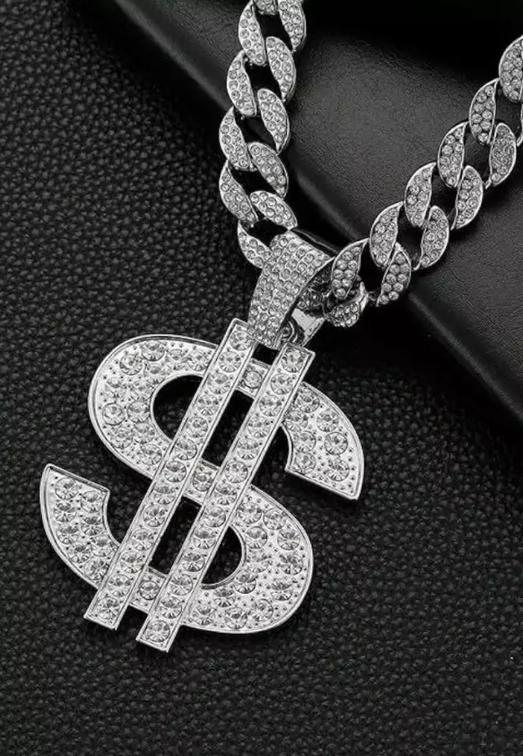 Aksesoris Pria Rhinestones Dollar Studded Kalung Pria Premium Stainless Steel Necklace Silver