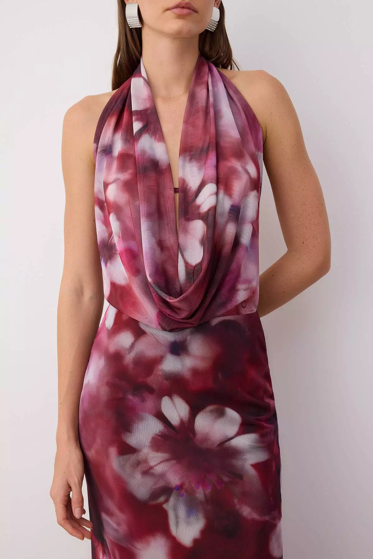 Burgundy-Multi-Floral Patterned Knitted Tulle Long Evening Dress Graduation Dress Tprss24Ae00261