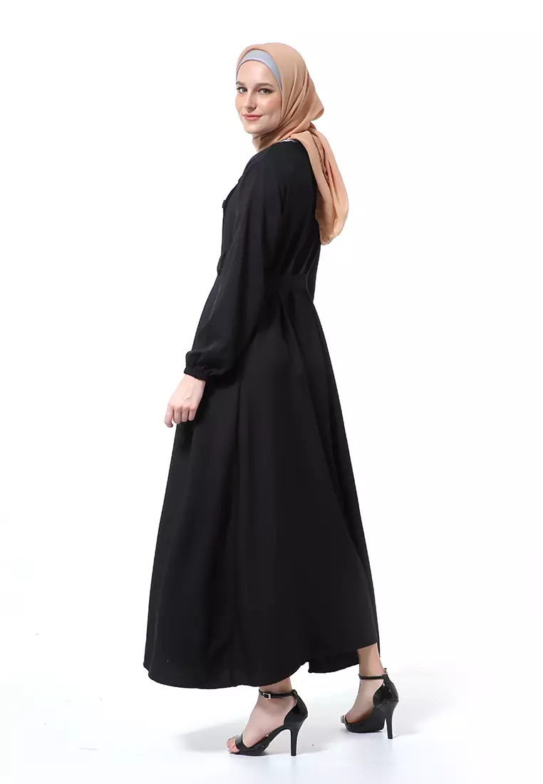 Nelly Gamis Dress Muslimah Wanita Long Sleeve Premium High Quality - Hitam