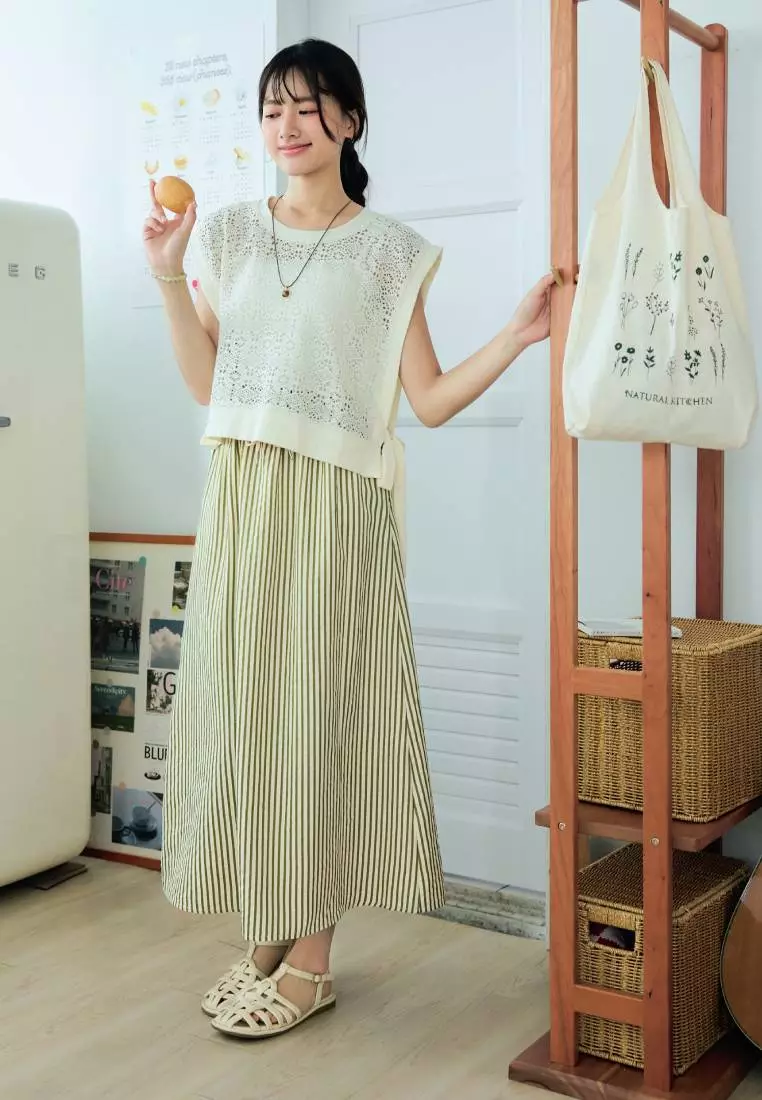 Vertical Stripe Drawstring Elastic Waist Maxi Skirt [CA3114]