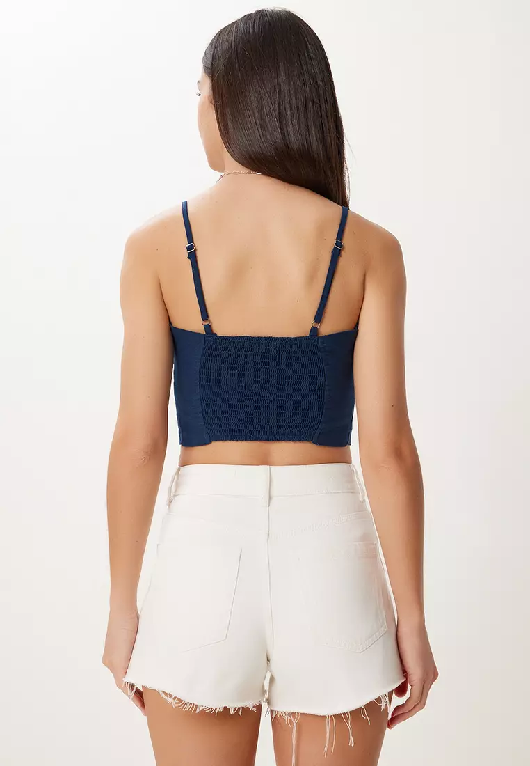 Women's Navy Blue Strap Crop Linen Blouse Mx00219
