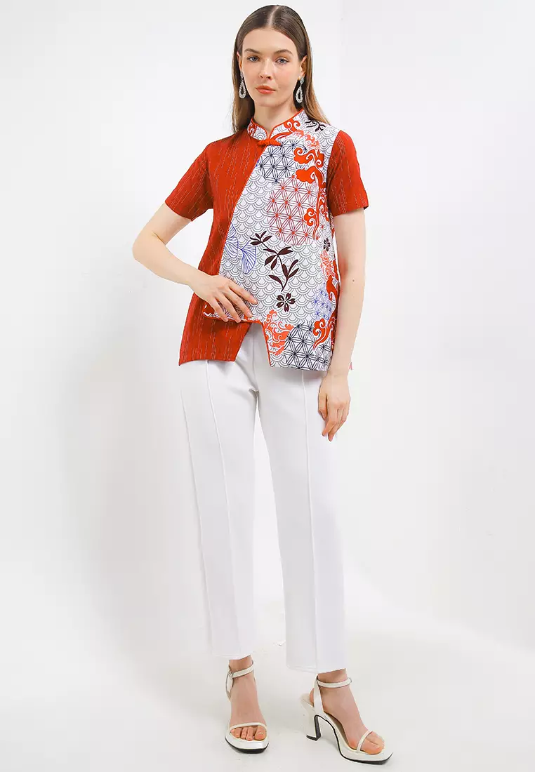 Blouse Atasan Batik Wanita Shanghai Zhea Red Lengan Pendek
