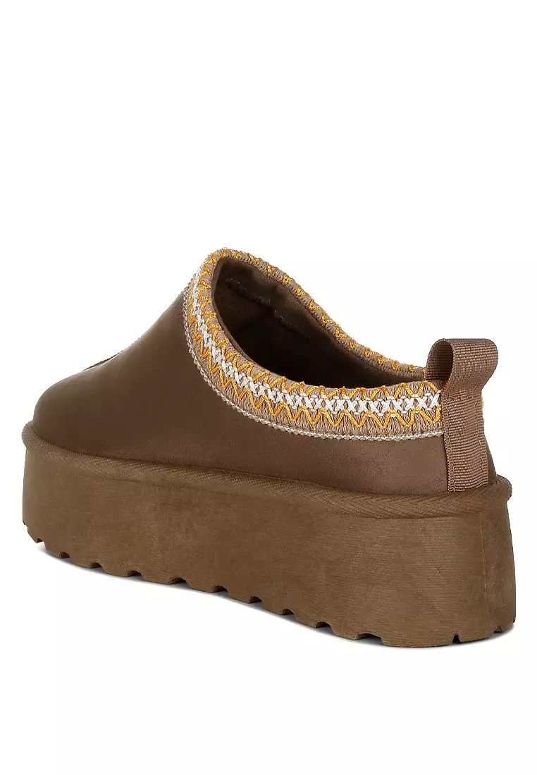 Sepatu Slip-On Klasik Berbulu Platform Sulaman Taupe