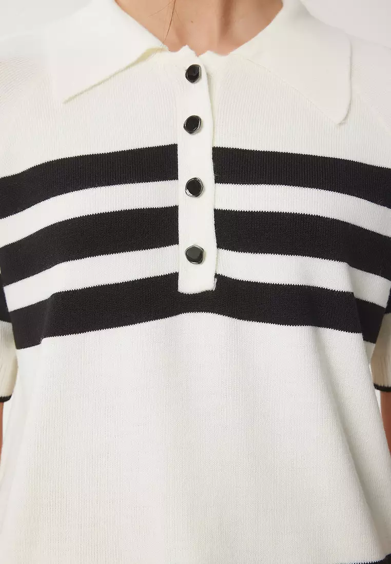Polo Neck Striped Knitwear Blouse