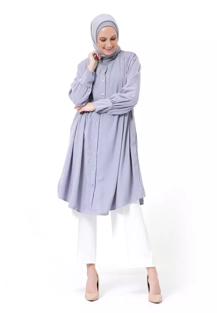 Xaula Tunik Polos Muslimah Atasan Wanita Lengan Panjang Premium High Quality - Grey Blue
