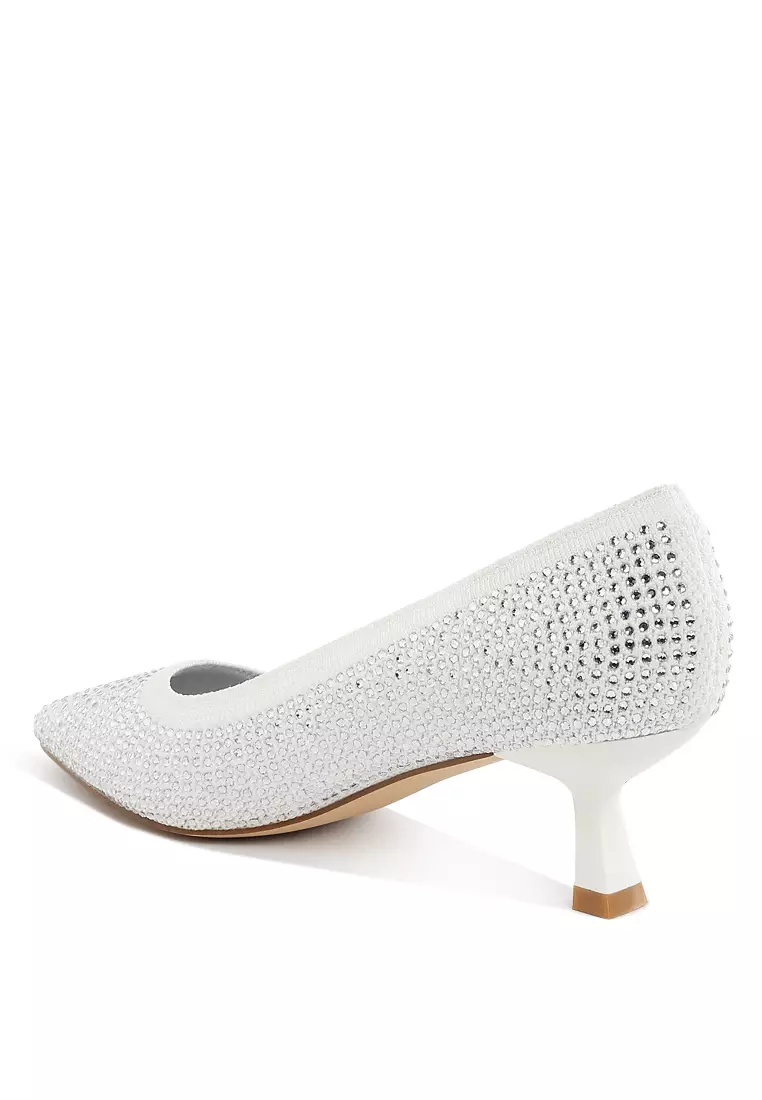 Sepatu Pumps Flyknit Rhinestone Bernapas dalam Warna Putih