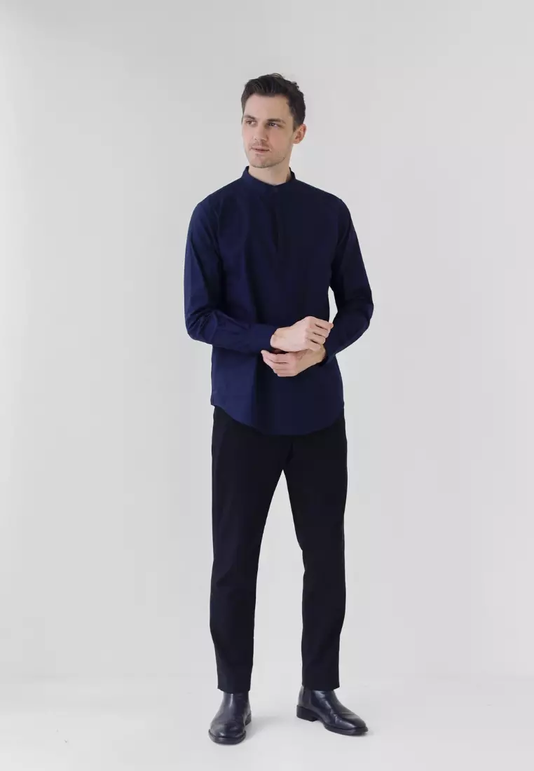 Cotton Well Oman Henley Shirt Navy │Kemeja Koko Basic Lengan Panjang Biru Tua