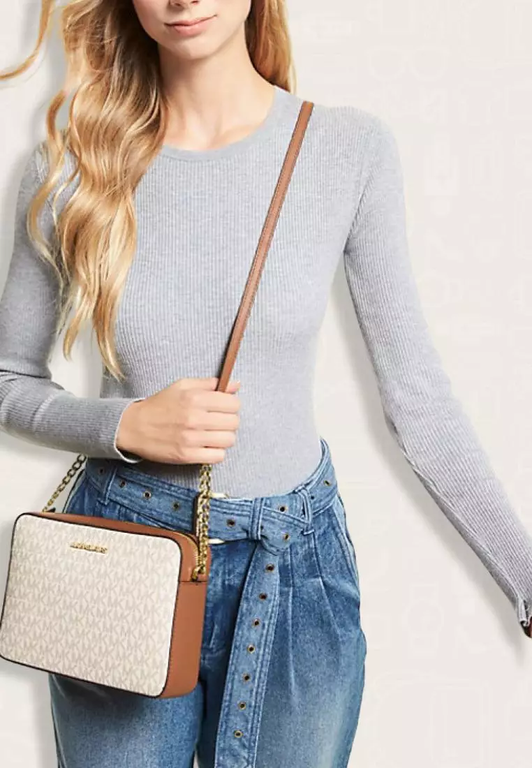 Michael Kors Jet Set Large Printed Logo Crossbody Bag Vanilla