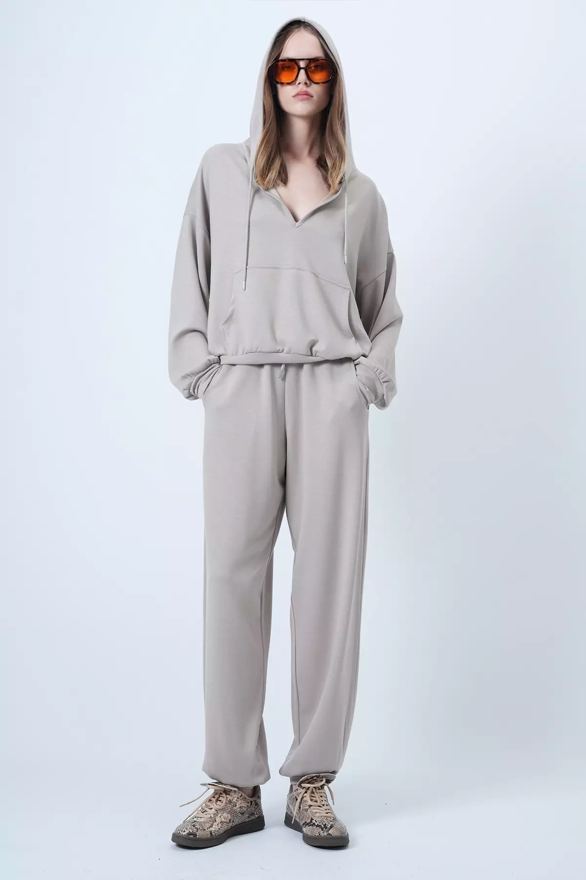 Stone Hooded V-Neck Oversize Modal Sweatshirt And Trousers Set Alc-X14646